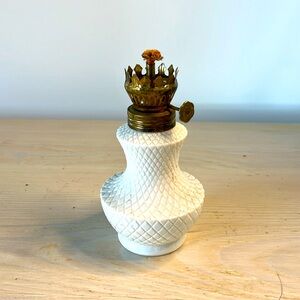 Vintage Diamond Pattern Small Oil Lamp White Milk Glass Vintage 5” with Chimney